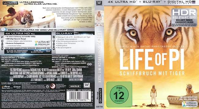 Life of Pi Schiffbruch mit Tiger 4K german blu ray cover